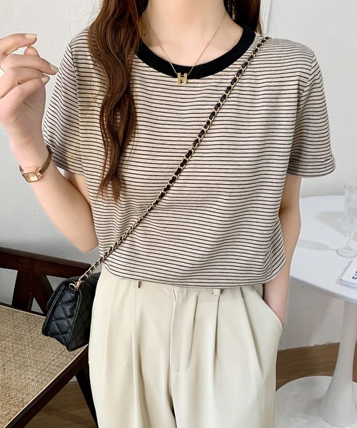 Diosfront（ディオスフロント）の「ハーフボーダー配色カットTシャツ（Tシャツ/カットソー・レディース・イエロー/ブラック/グリーン/ブルーグレー/オレンジ・M/L）」の14枚目の写真