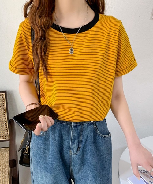 Diosfront（ディオスフロント）の「ハーフボーダー配色カットTシャツ（Tシャツ/カットソー・レディース・イエロー/ブラック/グリーン/ブルーグレー/オレンジ・M/L）」の6枚目の写真