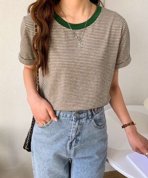 Diosfront（ディオスフロント）の「ハーフボーダー配色カットTシャツ（Tシャツ/カットソー・レディース・イエロー/ブラック/グリーン/ブルーグレー/オレンジ・M/L）」の16枚目の写真