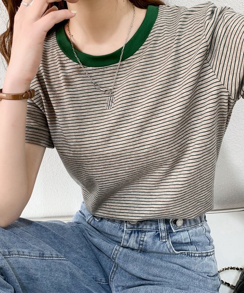 Diosfront（ディオスフロント）の「ハーフボーダー配色カットTシャツ（Tシャツ/カットソー・レディース・イエロー/ブラック/グリーン/ブルーグレー/オレンジ・M/L）」の17枚目の写真