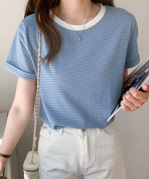 Diosfront（ディオスフロント）の「ハーフボーダー配色カットTシャツ（Tシャツ/カットソー・レディース・イエロー/ブラック/グリーン/ブルーグレー/オレンジ・M/L）」の19枚目の写真