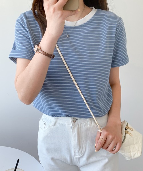 Diosfront（ディオスフロント）の「ハーフボーダー配色カットTシャツ（Tシャツ/カットソー・レディース・イエロー/ブラック/グリーン/ブルーグレー/オレンジ・M/L）」の20枚目の写真