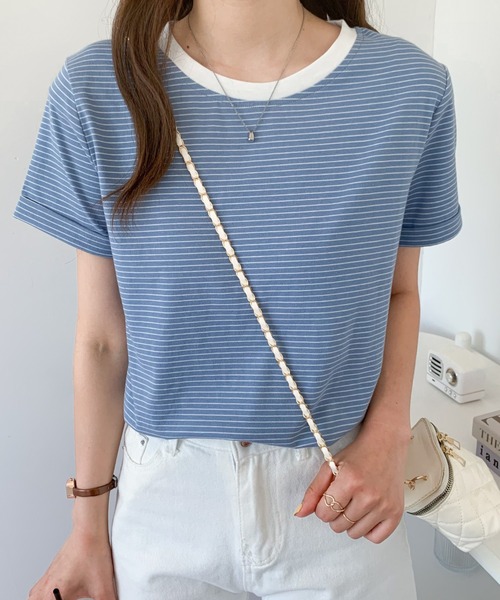 Diosfront（ディオスフロント）の「ハーフボーダー配色カットTシャツ（Tシャツ/カットソー・レディース・イエロー/ブラック/グリーン/ブルーグレー/オレンジ・M/L）」の21枚目の写真