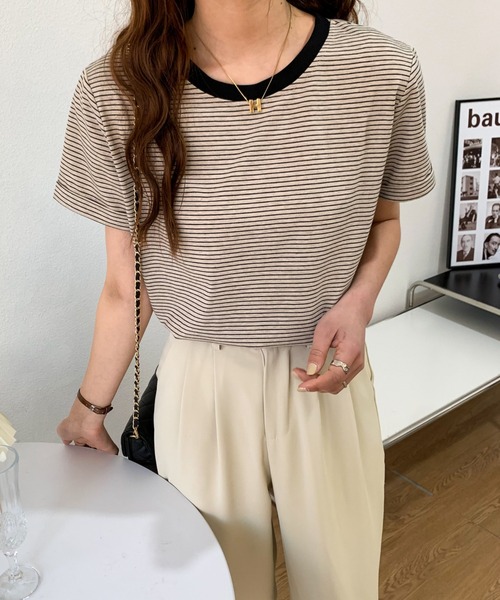 Diosfront（ディオスフロント）の「ハーフボーダー配色カットTシャツ（Tシャツ/カットソー・レディース・イエロー/ブラック/グリーン/ブルーグレー/オレンジ・M/L）」の10枚目の写真