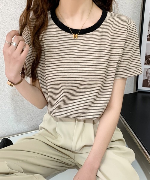 Diosfront（ディオスフロント）の「ハーフボーダー配色カットTシャツ（Tシャツ/カットソー・レディース・イエロー/ブラック/グリーン/ブルーグレー/オレンジ・M/L）」の13枚目の写真