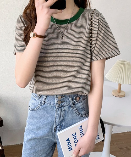 Diosfront（ディオスフロント）の「ハーフボーダー配色カットTシャツ（Tシャツ/カットソー・レディース・イエロー/ブラック/グリーン/ブルーグレー/オレンジ・M/L）」の18枚目の写真