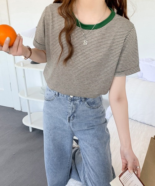 Diosfront（ディオスフロント）の「ハーフボーダー配色カットTシャツ（Tシャツ/カットソー・レディース・イエロー/ブラック/グリーン/ブルーグレー/オレンジ・M/L）」の15枚目の写真