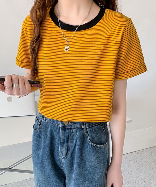 Diosfront（ディオスフロント）の「ハーフボーダー配色カットTシャツ（Tシャツ/カットソー・レディース・イエロー/ブラック/グリーン/ブルーグレー/オレンジ・M/L）」の8枚目の写真