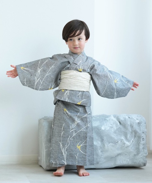 キッズ浴衣3点セット 男の子 utatane×注染工房 グレーにつばめ