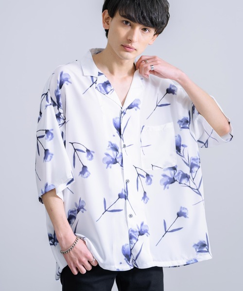 Rocky Monroe（ロッキーモンロー）の「オーバーサイズ ビッグシルエット総柄オープンカラーアロハシャツ（シャツ/ブラウス・メンズ・ブラック/ターコイズブルー/ネイビー系/ブラック系3/ベージュ/ブラック系/ホワイト系2/ブラック系2/ホワイト/ブルーグリーン/ホワイト系1/ネイビー/ブラウン系/ホワイト系/ブラック系1/オリーブ/グレー/ブラウン/レオパード/ブルー/ブラック系4/ホワイト系3/ホワイト系5/ホワイト系4・XL/L/M）」の7枚目の写真