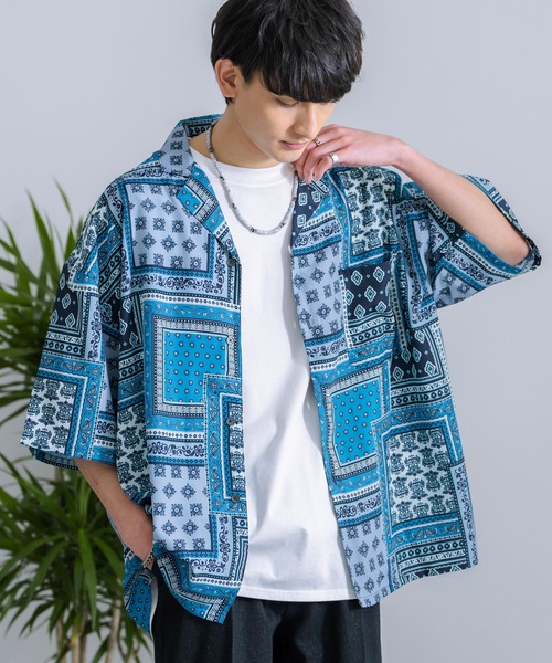 Rocky Monroe（ロッキーモンロー）の「オーバーサイズ ビッグシルエット総柄オープンカラーアロハシャツ（シャツ/ブラウス・メンズ・ブラック/ターコイズブルー/ネイビー系/ブラック系3/ベージュ/ブラック系/ホワイト系2/ブラック系2/ホワイト/ブルーグリーン/ホワイト系1/ネイビー/ブラウン系/ホワイト系/ブラック系1/オリーブ/グレー/ブラウン/レオパード/ブルー/ブラック系4/ホワイト系3/ホワイト系5/ホワイト系4・XL/L/M）」の21枚目の写真