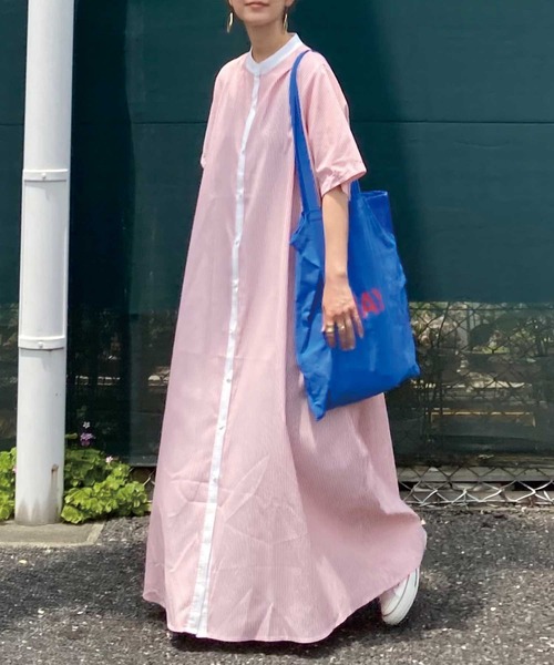 CORNERS(コーナーズ)の「CORNERS by KR ストライプ半袖シャツワンピース(ワンピース・レディース・ネイビー/ブラック/グリーン/オレンジ・M/L)」の4枚目の写真