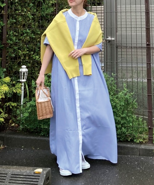 CORNERS(コーナーズ)の「CORNERS by KR ストライプ半袖シャツワンピース(ワンピース・レディース・ネイビー/ブラック/グリーン/オレンジ・M/L)」の8枚目の写真