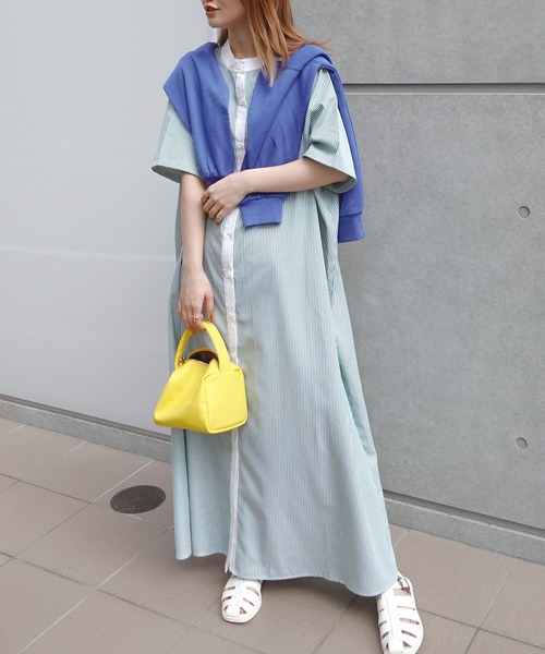 CORNERS(コーナーズ)の「CORNERS by KR ストライプ半袖シャツワンピース(ワンピース・レディース・ネイビー/ブラック/グリーン/オレンジ・M/L)」の14枚目の写真