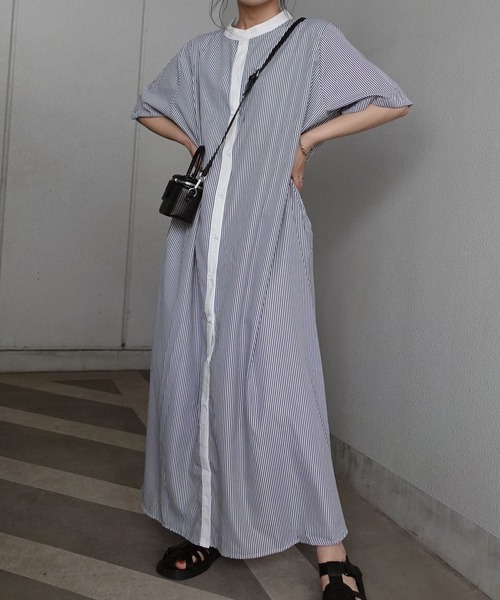 【23区ゴルフ】襟付き 半袖 ワンピース ペチパンツ付『Ⅱ』グレー☆ストライプ ストライプ カシュクール シャツワンピース Liala×PG 全4色｜lpg321