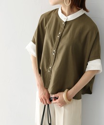 【vingtrois】バンドカラーダブルボタンピンタックデザインリネンポンチョシャツ