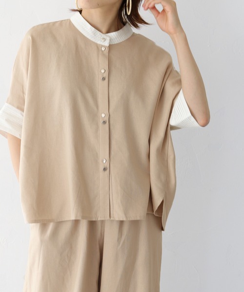 vingtrois（バントロア）の「【vingtrois】バンドカラーダブルボタンピンタックデザインリネンポンチョシャツ（シャツ/ブラウス・レディース・ベージュ/ネイビー/カーキ・M）」の18枚目の写真