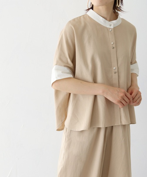 vingtrois（バントロア）の「【vingtrois】バンドカラーダブルボタンピンタックデザインリネンポンチョシャツ（シャツ/ブラウス・レディース・ベージュ/ネイビー/カーキ・M）」の19枚目の写真