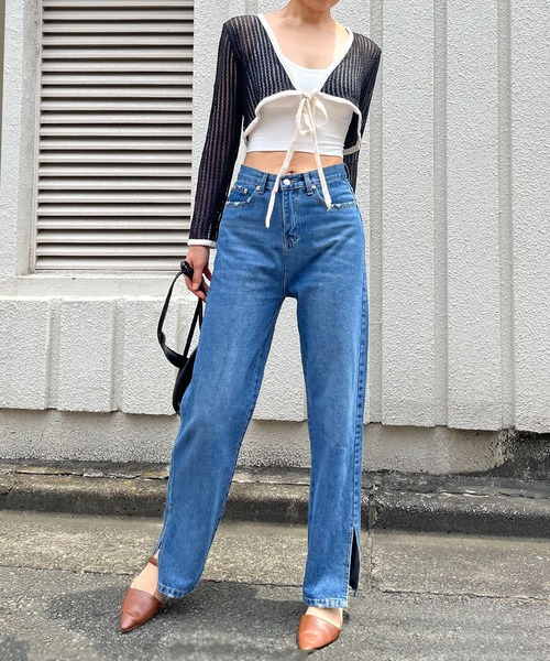 Jewelobe（ジュエローブ）の「透かし編みクロップドカーディガン（カーディガン/ボレロ・レディース・ブルー/オフホワイト/ブラック・FREE）」の5枚目の写真