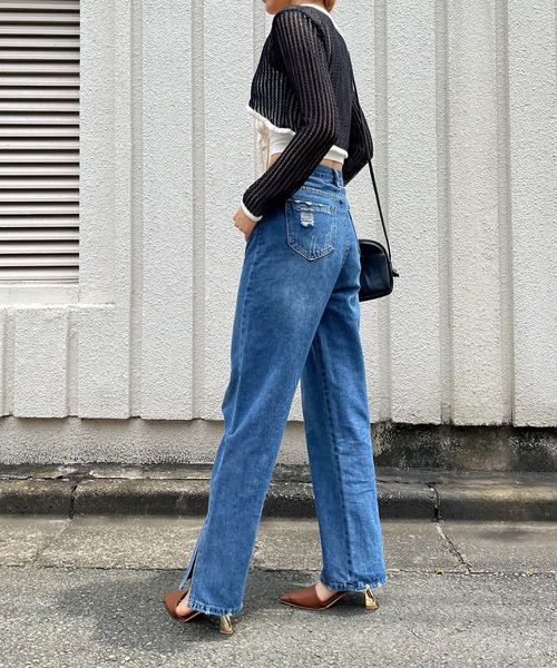 Jewelobe（ジュエローブ）の「透かし編みクロップドカーディガン（カーディガン/ボレロ・レディース・ブルー/オフホワイト/ブラック・FREE）」の9枚目の写真