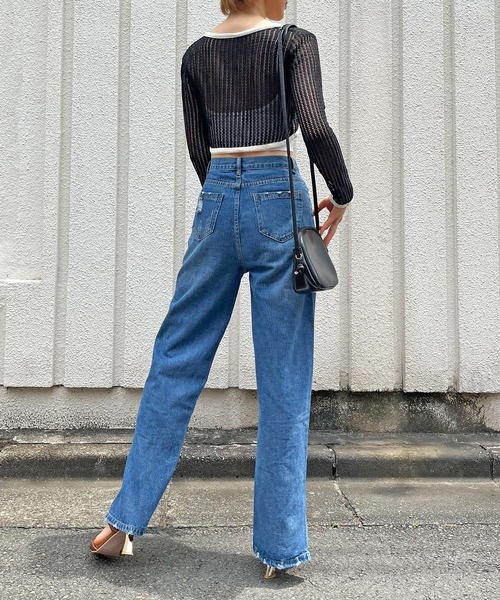 Jewelobe（ジュエローブ）の「透かし編みクロップドカーディガン（カーディガン/ボレロ・レディース・ブルー/オフホワイト/ブラック・FREE）」の10枚目の写真