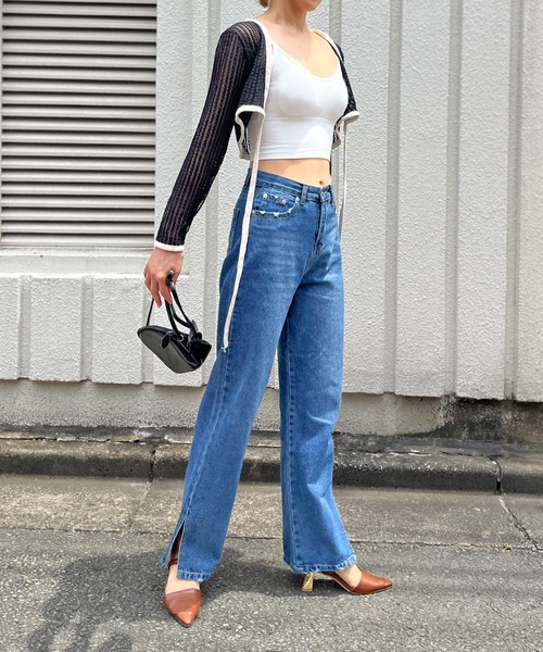 Jewelobe（ジュエローブ）の「透かし編みクロップドカーディガン（カーディガン/ボレロ・レディース・ブルー/オフホワイト/ブラック・FREE）」の15枚目の写真