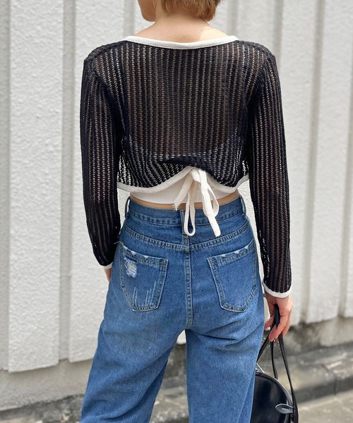 Jewelobe（ジュエローブ）の「透かし編みクロップドカーディガン（カーディガン/ボレロ・レディース・ブルー/オフホワイト/ブラック・FREE）」の6枚目の写真