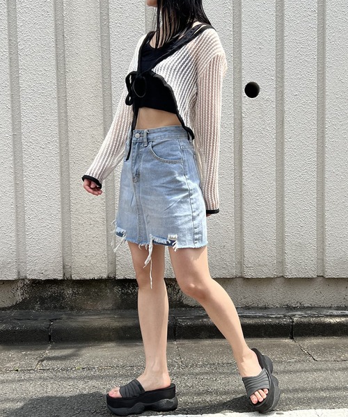 Jewelobe（ジュエローブ）の「透かし編みクロップドカーディガン（カーディガン/ボレロ・レディース・ブルー/オフホワイト/ブラック・FREE）」の19枚目の写真