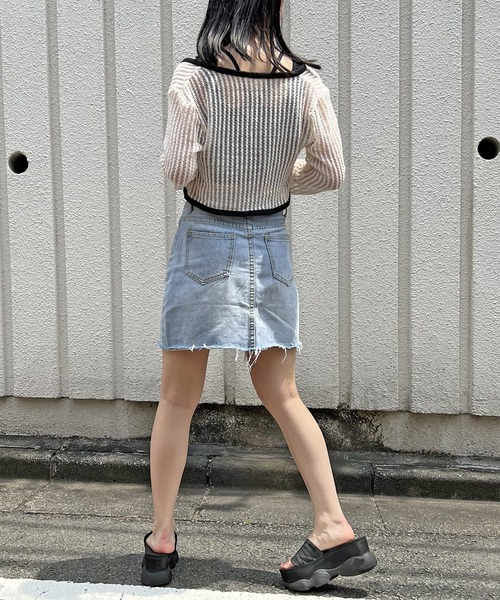 Jewelobe（ジュエローブ）の「透かし編みクロップドカーディガン（カーディガン/ボレロ・レディース・ブルー/オフホワイト/ブラック・FREE）」の21枚目の写真