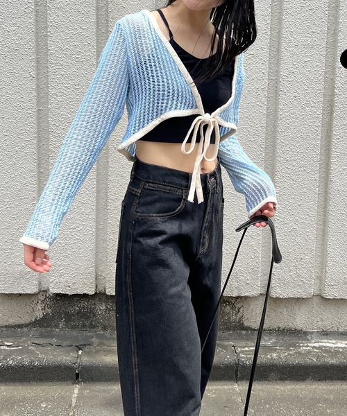 Jewelobe（ジュエローブ）の「透かし編みクロップドカーディガン（カーディガン/ボレロ・レディース・ブルー/オフホワイト/ブラック・FREE）」の22枚目の写真