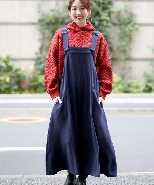 チチカカ（チチカカ）の「【大きいサイズ】ツイルフレアジャンパースカート（ジャンパースカート・レディース・オレンジ/ネイビー/カーキ・3L）」の3枚目の写真