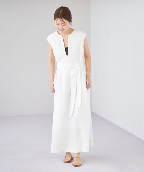 新品・タグ付き・24SS♡プラージュ リネンフレアワンピース ベージュ リボン 新品・タグ付き・24SS♡プラージュ リネンフレアワンピース