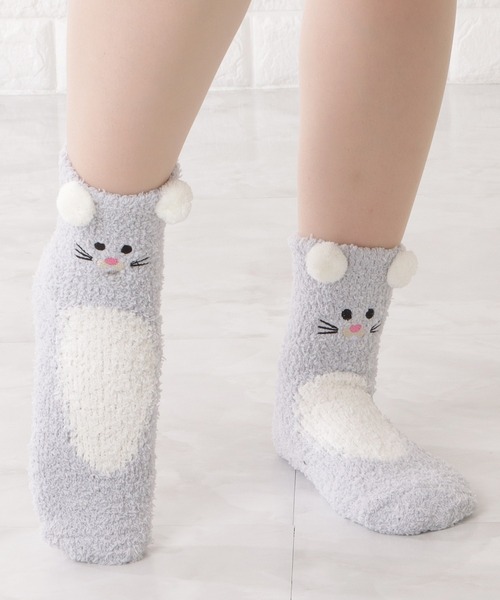 セール】【5足セット】クルー丈ふわもちアニマルルックルームソックス