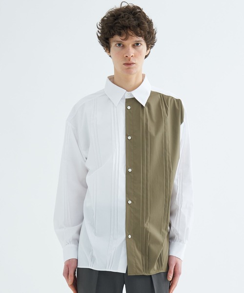 未使用 LiNoH バイカラー プリーツ ボックスシャツ STUDIOUS LiNoH（リノー）の「【LiNoH】PLEATS L/S SHIRT/バイカラー
