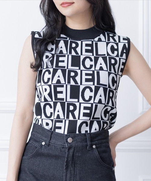 clear（クリア）の「ブロックチェックロゴノースリーブニットトップス ［イニシャル アルファベット レイヤード 春ニット］（ニット/セーター・レディース・グリーン/ブラック/ブルーグレー・F）」の2枚目の写真