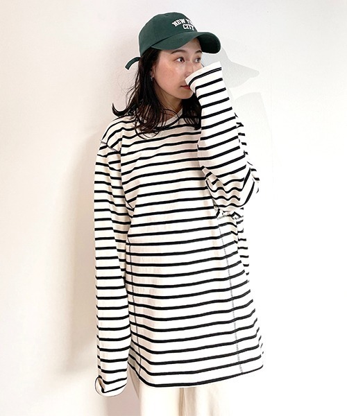 CREDONA(クレドナ)の「ステッチデザインビッグボーダーLS(Tシャツ/カットソー・レディース・ネイビー/アイボリー・FREE)」の2枚目の写真