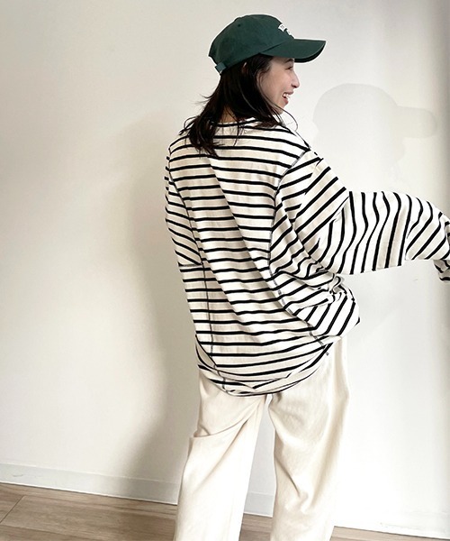 CREDONA(クレドナ)の「ステッチデザインビッグボーダーLS(Tシャツ/カットソー・レディース・ネイビー/アイボリー・FREE)」の5枚目の写真