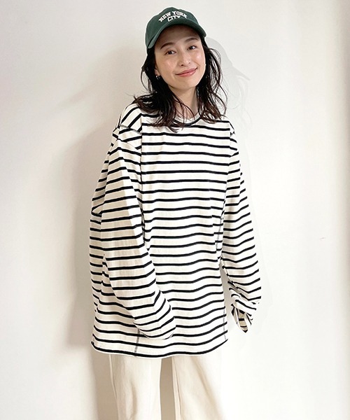 CREDONA(クレドナ)の「ステッチデザインビッグボーダーLS(Tシャツ/カットソー・レディース・ネイビー/アイボリー・FREE)」の14枚目の写真