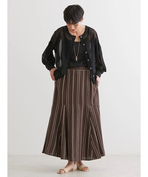 ✨美品✨マガリ ストライプリネン ファーマースカート ウエストリボン タック F ✨美品✨マガリ ストライプリネン ファーマースカート ウエスト