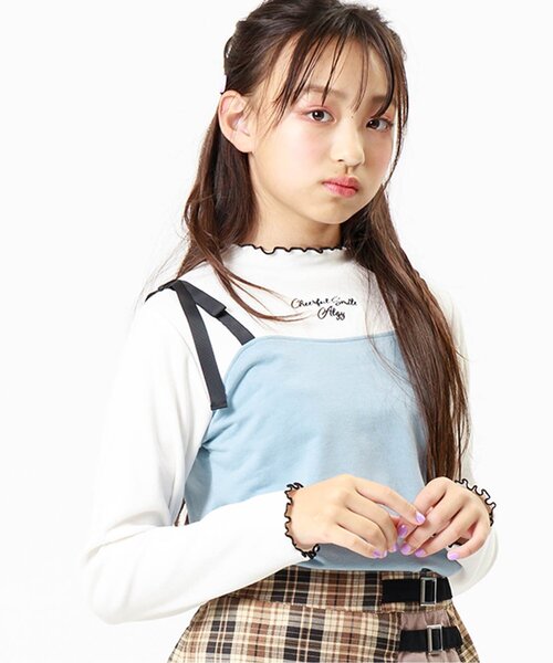 algy(アルジー)の「肩りぼんキャミドッキングロンT(Tシャツ/カットソー・キッズ・ブラウン/チェック/サックスブルー・XX-SMALL/X-SMALL/MEDIUM/SMALL)」の2枚目の写真