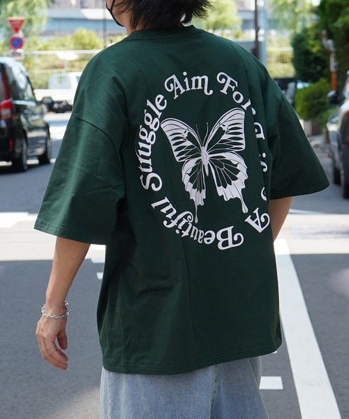 Aim For(エイムフォー)の「【Aim For】バタフライバックプリント オーバーサイズTシャツ ユニセックス(Tシャツ/カットソー・メンズ・ホワイト/ブラック/グリーン・M/L)」の1枚目の写真