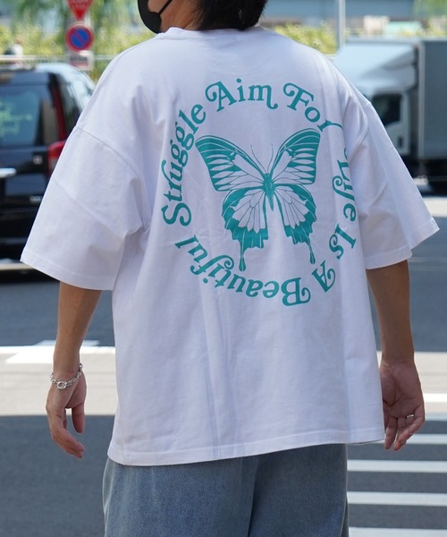 Aim For(エイムフォー)の「【Aim For】バタフライバックプリント オーバーサイズTシャツ ユニセックス(Tシャツ/カットソー・メンズ・ホワイト/ブラック/グリーン・M/L)」の4枚目の写真