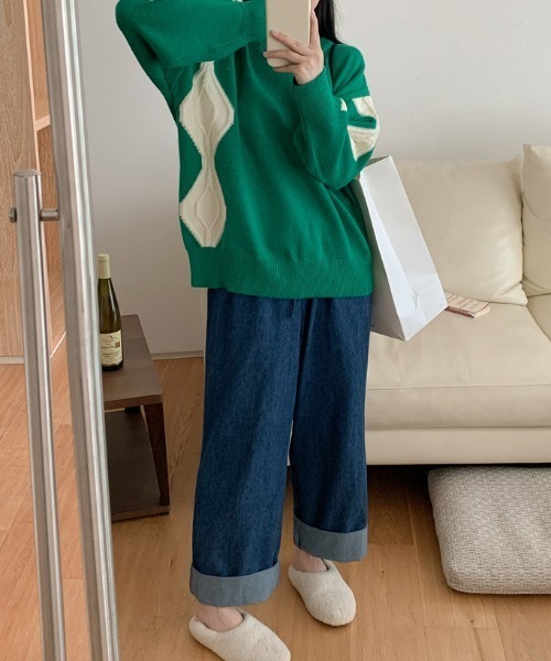 配色ひし形デザインザックリニットプルオーバー（ニット