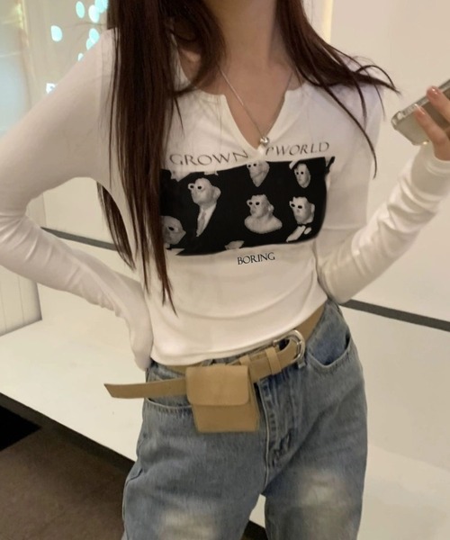 セール】ロンT プリント 長袖 ショート丈 韓国ファッション y2k