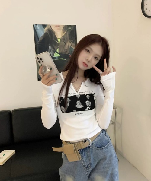 セール】ロンT プリント 長袖 ショート丈 韓国ファッション y2k
