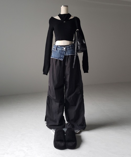 me+em select（ミームセレクト）の「※※【 ４color 】２WAY デニムレイヤードタックワイドカーゴパンツ（カーゴパンツ・レディース・カーキ/ベージュ/ブラック/グレー・FREE）」の6枚目の写真