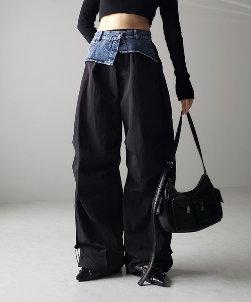 me+em select（ミームセレクト）の「※※【 ４color 】２WAY デニムレイヤードタックワイドカーゴパンツ（カーゴパンツ・レディース・カーキ/ベージュ/ブラック/グレー・FREE）」の8枚目の写真