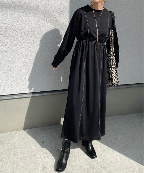 y/m by misato（イムバイミサト）の「ポンチウエストドロストワンピース（ワンピース・レディース・ブラック/アイボリー/チャコールグレー・FREE）」の3枚目の写真