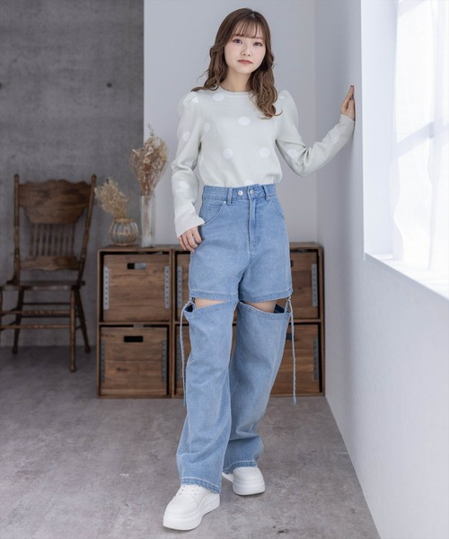 clear（クリア）の「ドット柄ジャガードニットトップス（ニット/セーター・レディース・ブラック/オフホワイト/ミント・F）」の4枚目の写真