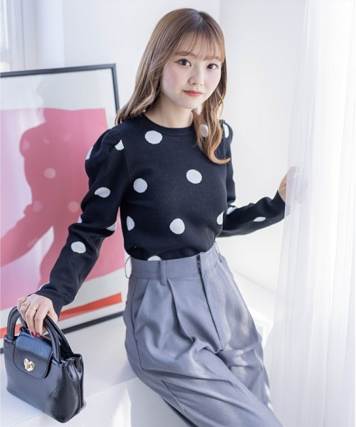 clear（クリア）の「ドット柄ジャガードニットトップス（ニット/セーター・レディース・ブラック/オフホワイト/ミント・F）」の8枚目の写真